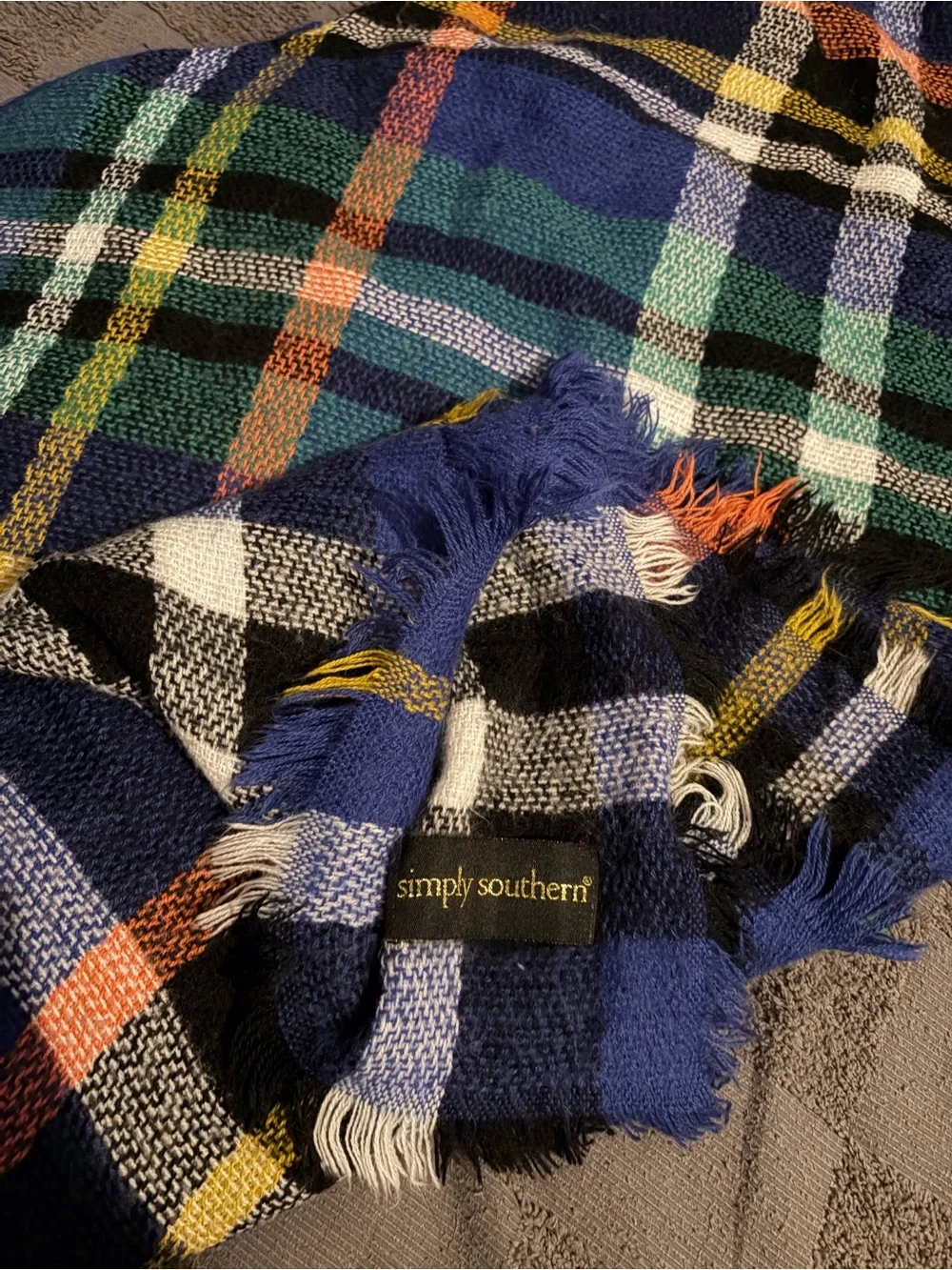 Simply Southern Blue Plaid Fringe Blanket Scarf with Green and Orange Accents